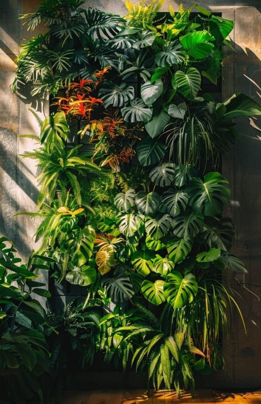  A vibrant wall of greenery illuminated by sunlight